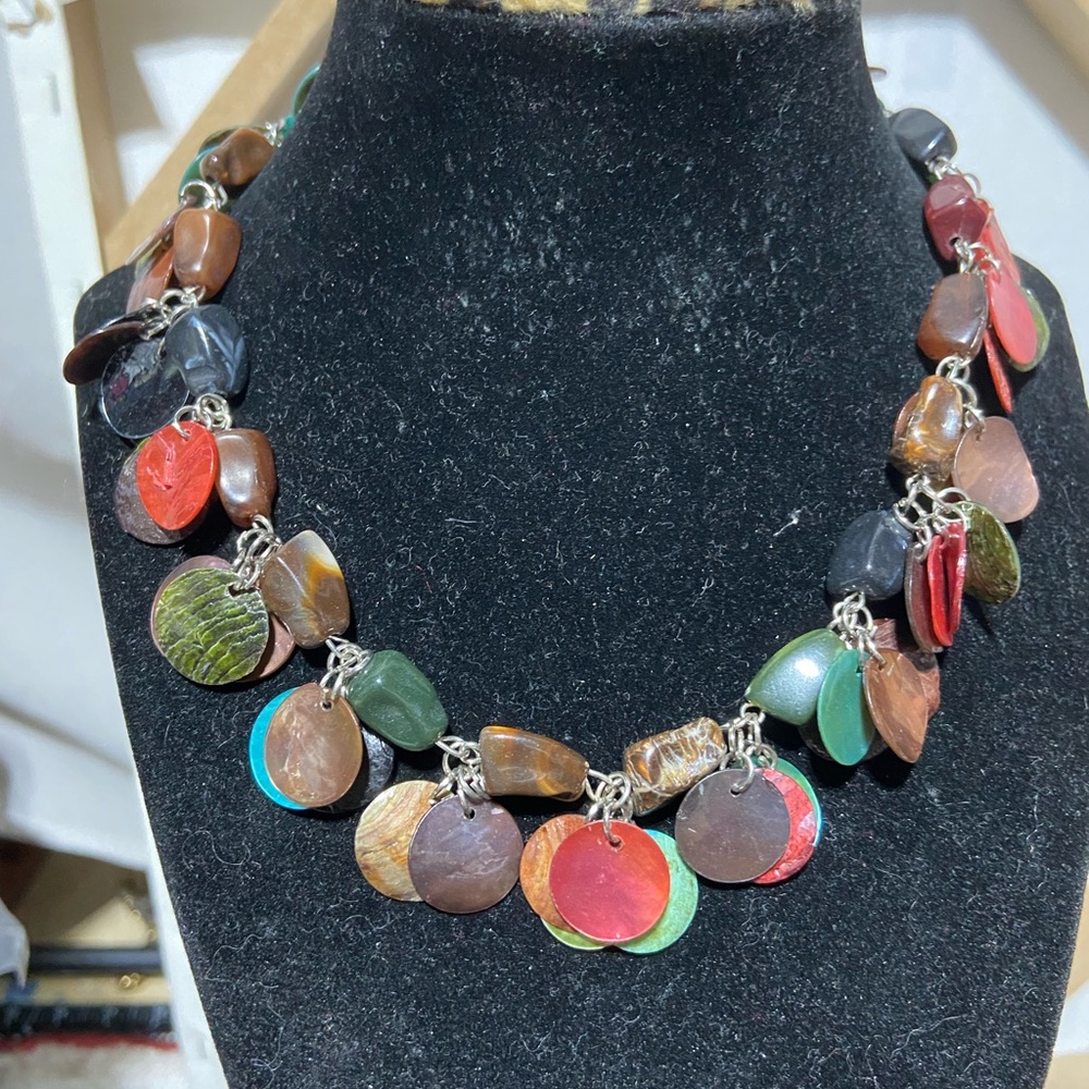 Dyed Mother of Pearl Discs Shell Faux Stone Multi Color Charm Necklace.